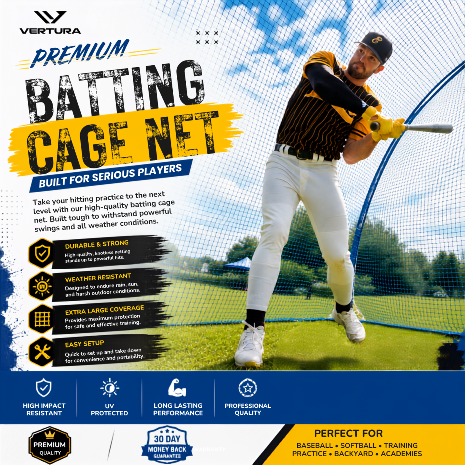 Portable 22×12×8 ft Vertura Baseball Batting Cage Net